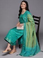 OnlyTrend Women Sea Green Floral Kurta with Trousers & With Dupatta