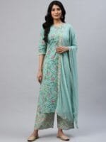 OnlyTrend Women Sea Green Floral Printed Kurta with Palazzos & Dupatta