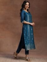 OnlyTrend Women Teal Blue & Gold Ethnic Motifs Zari Straight Kurta with Trousers Dupatta