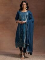 OnlyTrend Women Teal Blue & Gold Ethnic Motifs Zari Straight Kurta with Trousers Dupatta
