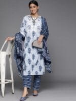 OnlyTrend Women White Paisley Motifs Printed Pure Cotton Kurta with Trousers & With Dupatta