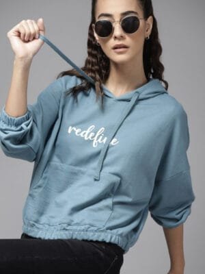 OnlyTrend Women Blue Printed Hooded Sweatshirt