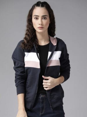 OnlyTrend Women Navy Blue & White Striped Hooded Sweatshirt