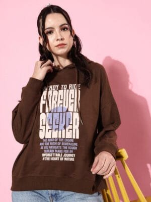 OnlyTrend Coffee Brown Hooded Printed Hello Monsoon Hyper Graphics Sweatshirt