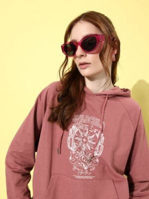 OnlyTrend Salmon Pink Graphic Printed Oversized Hooded Sweatshirt