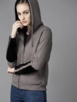 The Roadster Lifestyle Co Women Charcoal Grey Faux Fur Detail Hooded Solid Sweatshirt