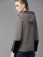 The Roadster Lifestyle Co Women Charcoal Grey Faux Fur Detail Hooded Solid Sweatshirt