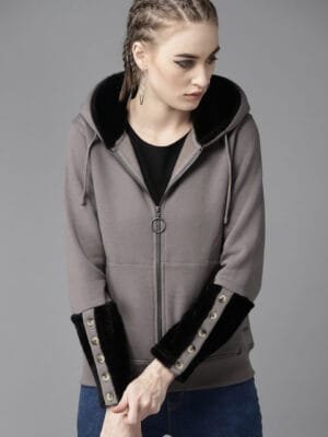 OnlyTrend Women Charcoal Grey Faux Fur Detail Hooded Solid Sweatshirt