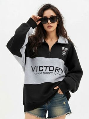 OnlyTrend. Women Colourblocked Shirt Collar Oversized Pullover Sweatshirts