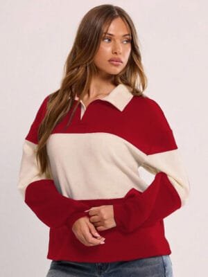 OnlyTrend. Women Colourblocked Shirt Collar Oversized Sweatshirt