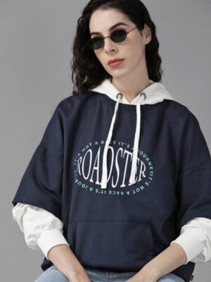 OnlyTrend. Women Navy Blue Printed Hooded Sweatshirt