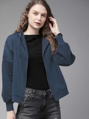OnlyTrend Women Navy Blue Solid Hooded Sweatshirt