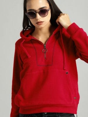 OnlyTrend Women Red Solid Hooded Sweatshirt