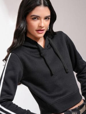 OnlyTrend Women Black & White Solid Hooded Sweatshirt