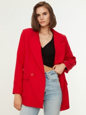 OnlyTrend Notched Lapel Collar Long Sleeves Double Breasted Cheery Red Blazer