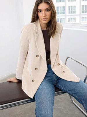 OnlyTrend Striped Notched Lapel Collar Double Breasted Blazer